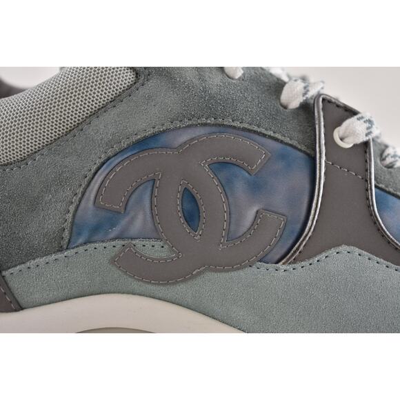 Chanel 20S Mens Grey Blue Silver White CC Logo Low Top Trainer Sneaker 44 11 - Picture 3 of 12